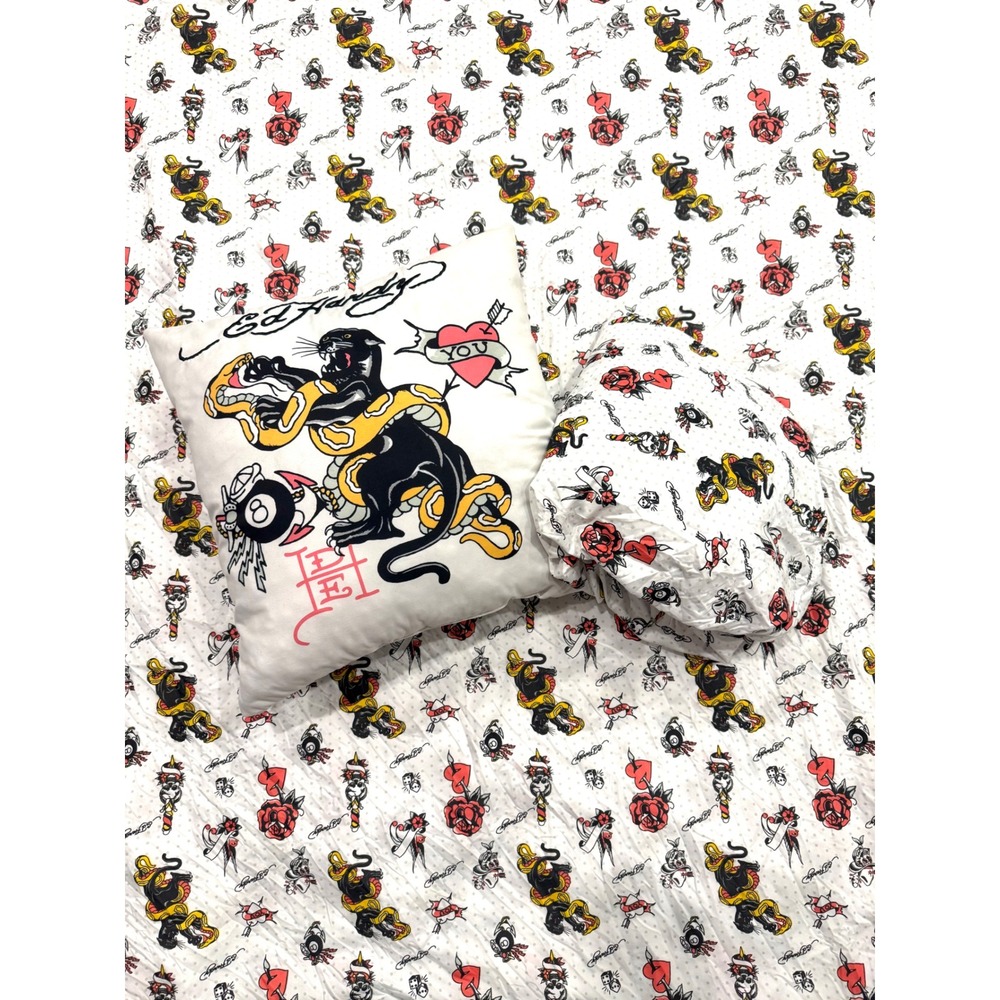 Ed Hardy Queen Sheet Set and Pillow Tattoo Print Panther Snake Rose White Y2K